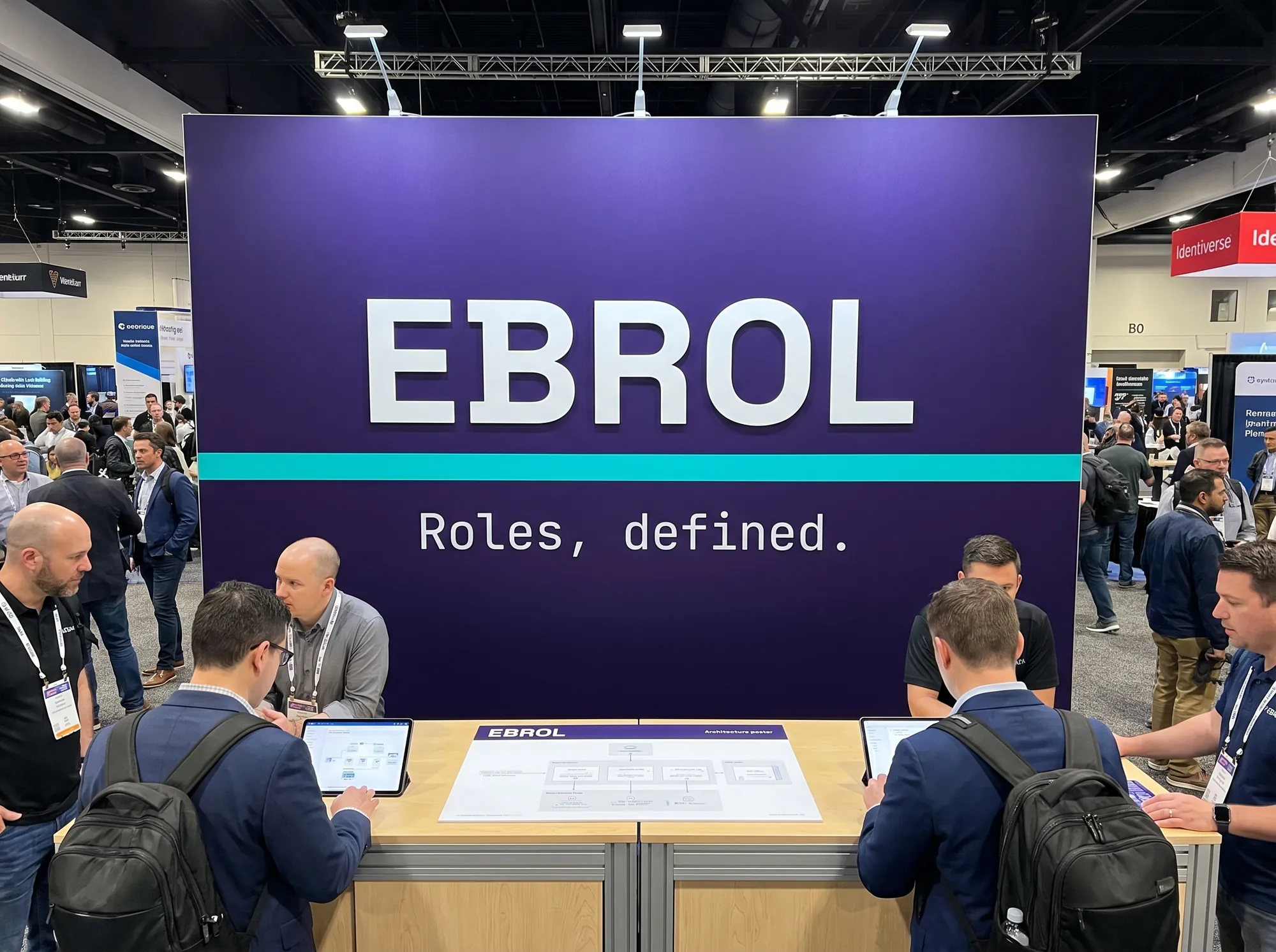 Conference Booth Identity Wall — A 12-foot-by-8-foot trade-booth wall at an enterprise security conference (RSAC, Identiverse). Deep violet (#2A1240) background, EBROL in Space Grotesk bold caps in cool near-white (#FAFAFB), large and centered, with an electric cyan (#00E5C5) accent bar running below the wordmark. Beneath, the line 'Roles, defined.' is set in JetBrains Mono regular cool near-white. No mascot. No fire-engine demo screen.