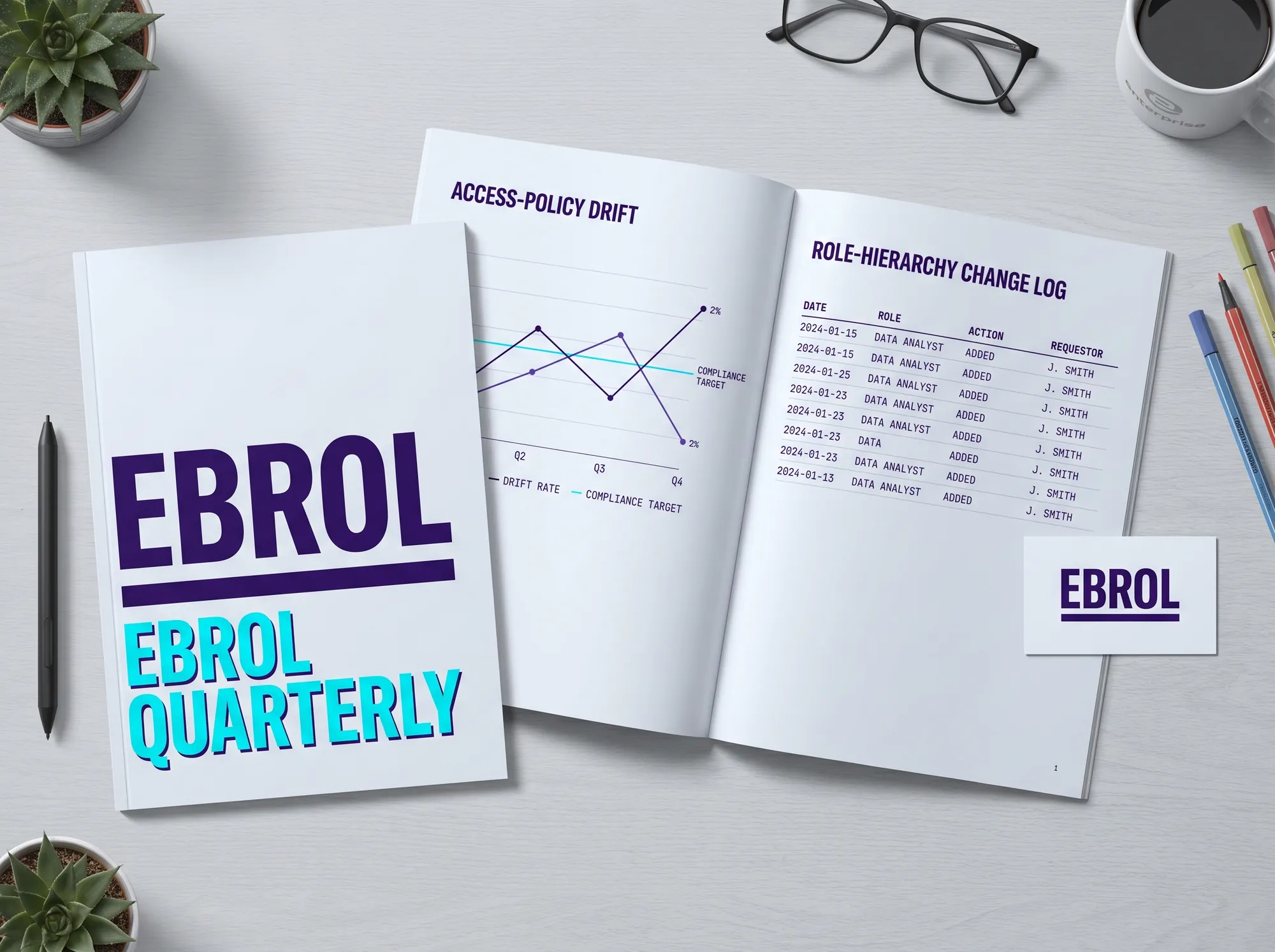 Customer-Success Quarterly Report — A printed quarterly governance report delivered to working security-and-compliance leads at enterprise customers. Cool near-white (#FAFAFB) cover with the customer's company name in deep violet (#2A1240) Space Grotesk bold caps and EBROL QUARTERLY in electric cyan (#00E5C5) Space Grotesk bold caps below. Body in JetBrains Mono regular. Reports working access-policy drift, role-hierarchy changes, exception patterns, and audit-readiness posture.