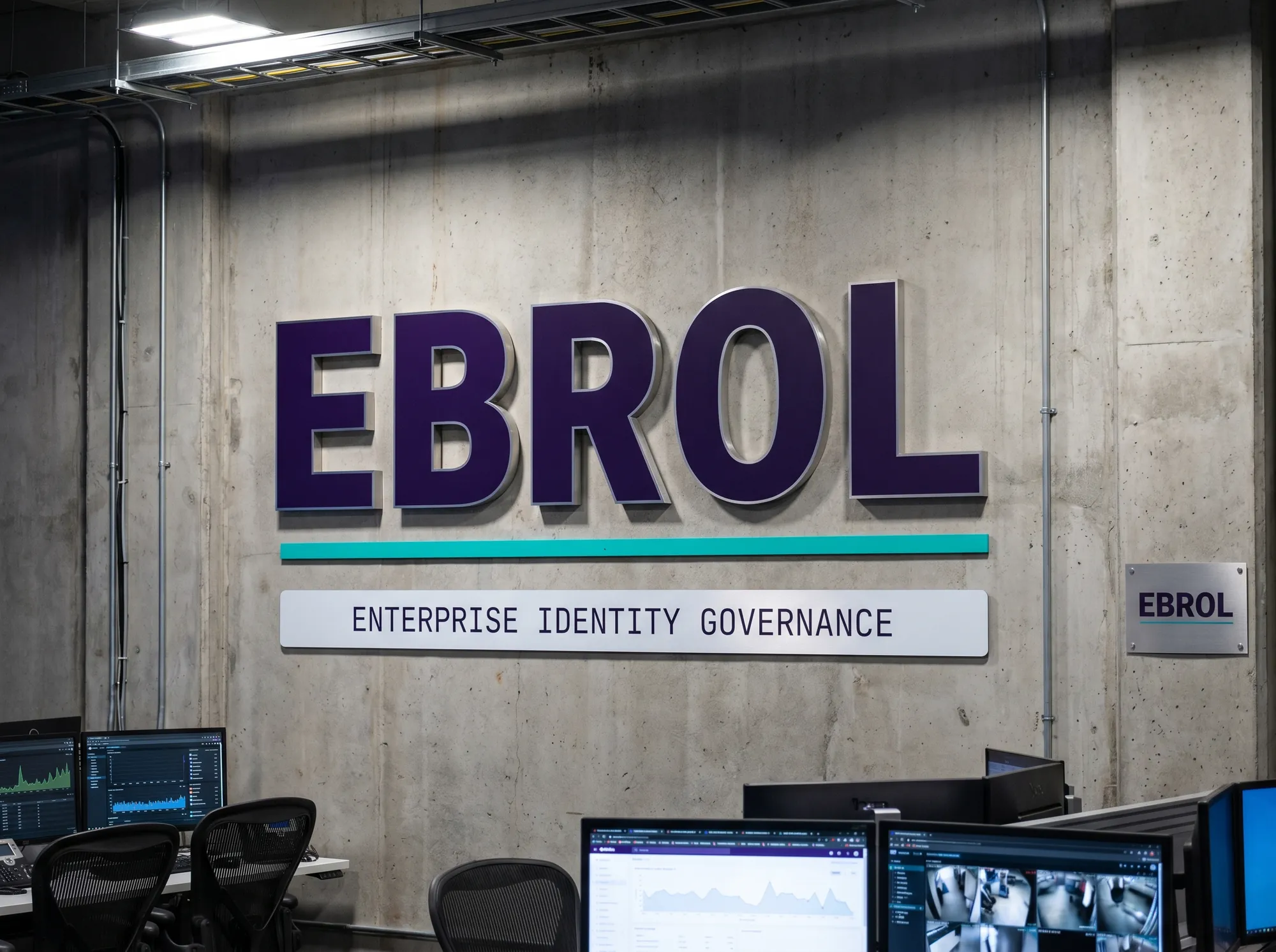 Operations Center Wall Signage — Wall signage installed at customer-side security-operations centers and identity-governance war rooms. EBROL cut from deep violet (#2A1240) painted aluminum with cast shadow inside each Space Grotesk bold letterform and chamfered edge, mounted flush against neutral wall. An electric cyan (#00E5C5) accent strip runs below the wordmark. JetBrains Mono regular caption strip reads ENTERPRISE IDENTITY GOVERNANCE.