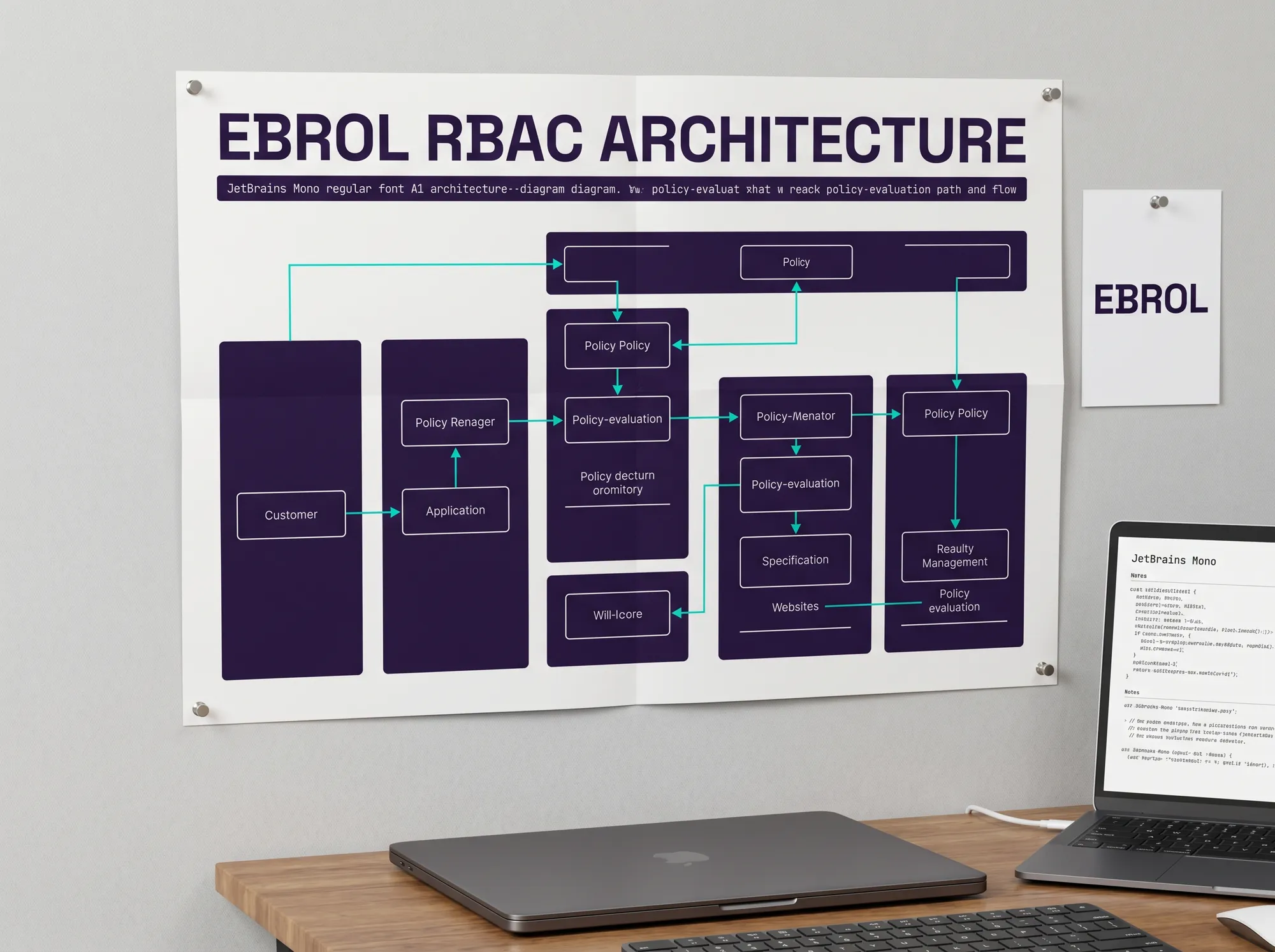 RBAC Architecture Foldout Poster — A folded A1 architecture-diagram poster mailed to working IT and security architects on the customer side. Cool near-white (#FAFAFB) ground with the Ebrol policy-and-role architecture rendered in deep violet (#2A1240) line-work and electric cyan (#00E5C5) flow indicators. Caption type in JetBrains Mono regular. The poster is meant to be pinned above a working architect's desk, not filed.