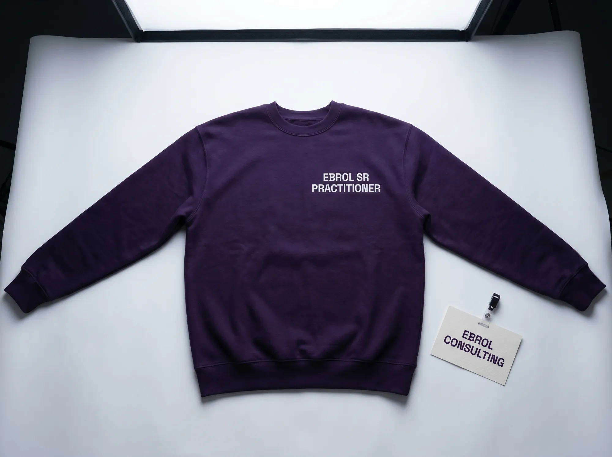 Ebrol Senior Practitioner Pullover (Apparel) — A heavyweight cotton pullover for senior consulting practitioners — deep violet (#2A1240) with EBROL SR PRACTITIONER embroidered in cool near-white (#FAFAFB) Space Grotesk bold caps above the heart.