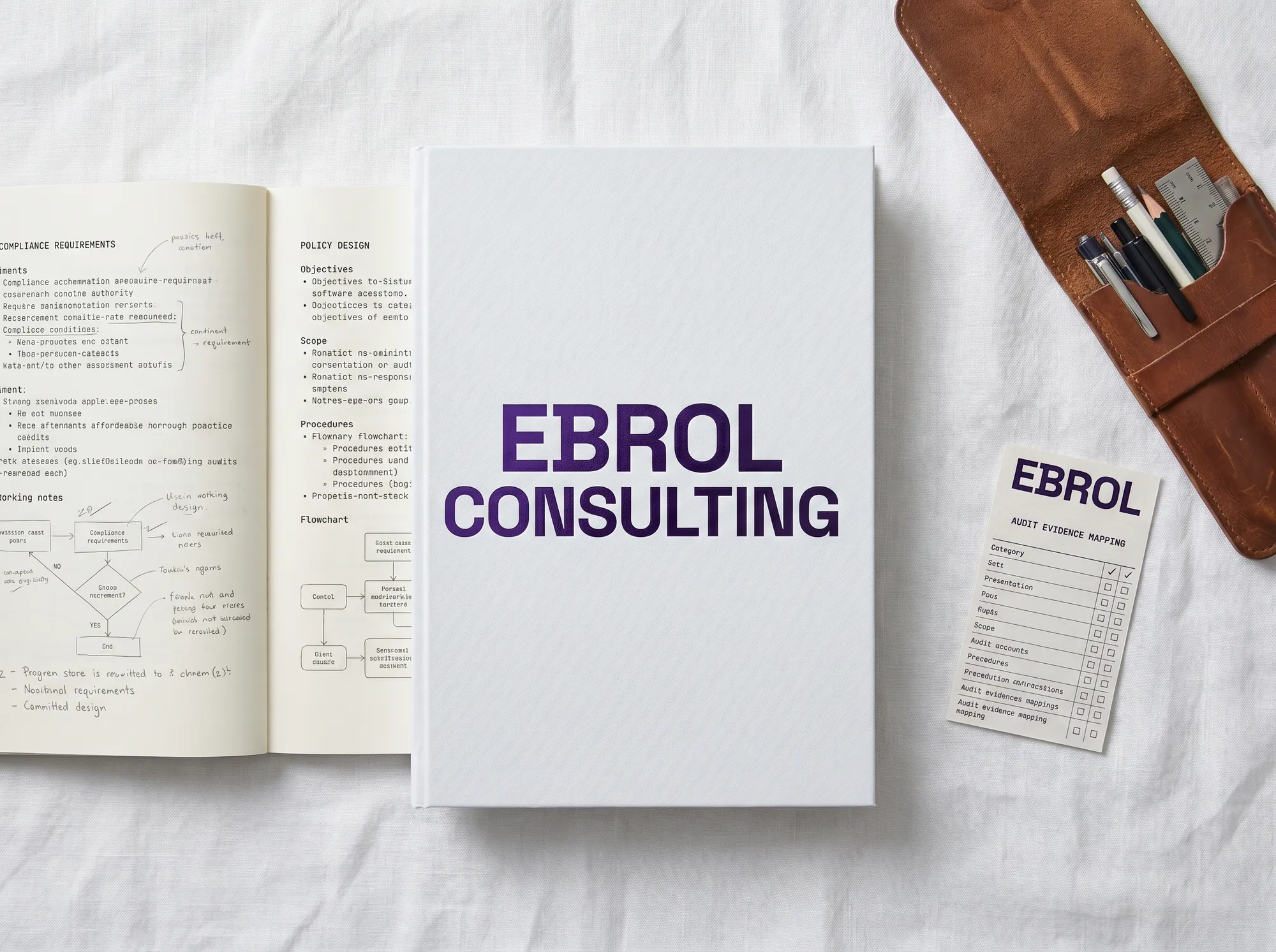 Ebrol Engagement Notebook (Stationery) — A working engagement notebook for working senior practitioners — working compliance-requirement notes, working policy-design draft, working audit-evidence-mapping. Cool near-white cover with foil-stamped wordmark.