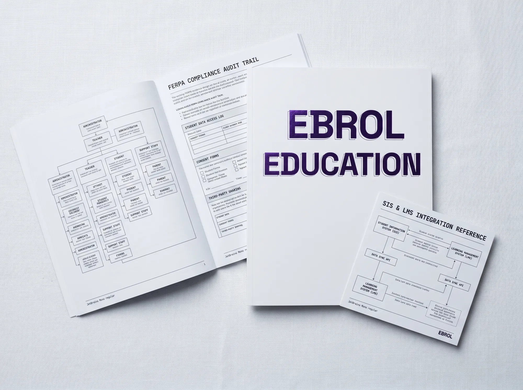 Ebrol Education Implementation Manual (Print) — A perfect-bound education-deployment manual — working multi-role hierarchy modeling, working FERPA-evidence working design, working SIS-and-LMS working integration. Cool near-white cover, foil-stamped wordmark.
