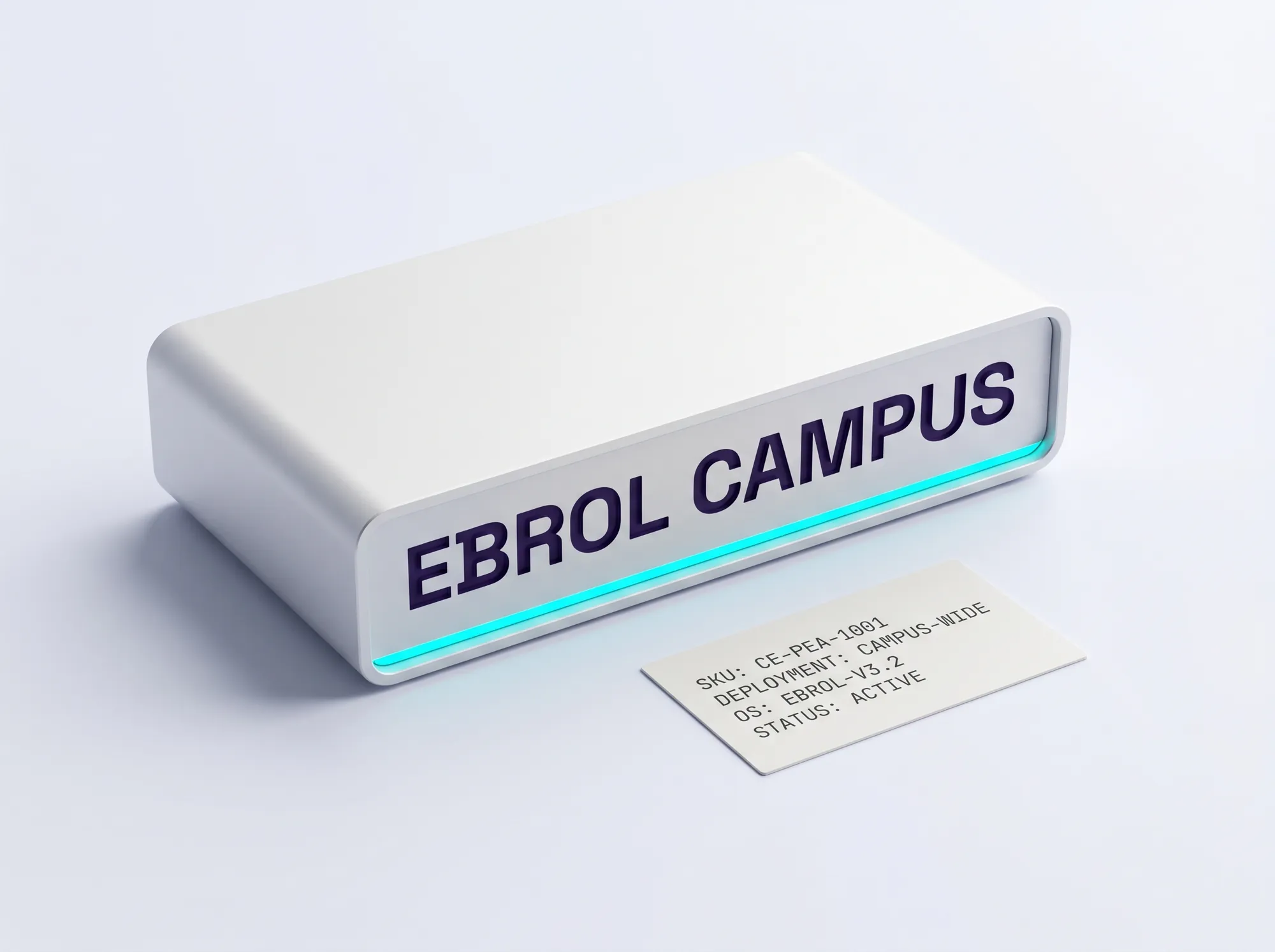 Ebrol Campus Module Appliance (Hardware) — Working campus-deployable policy-evaluation appliance — working academic-environment-tuned hardware, working air-gap-capable, working customer-IT-managed. Cool near-white finish.
