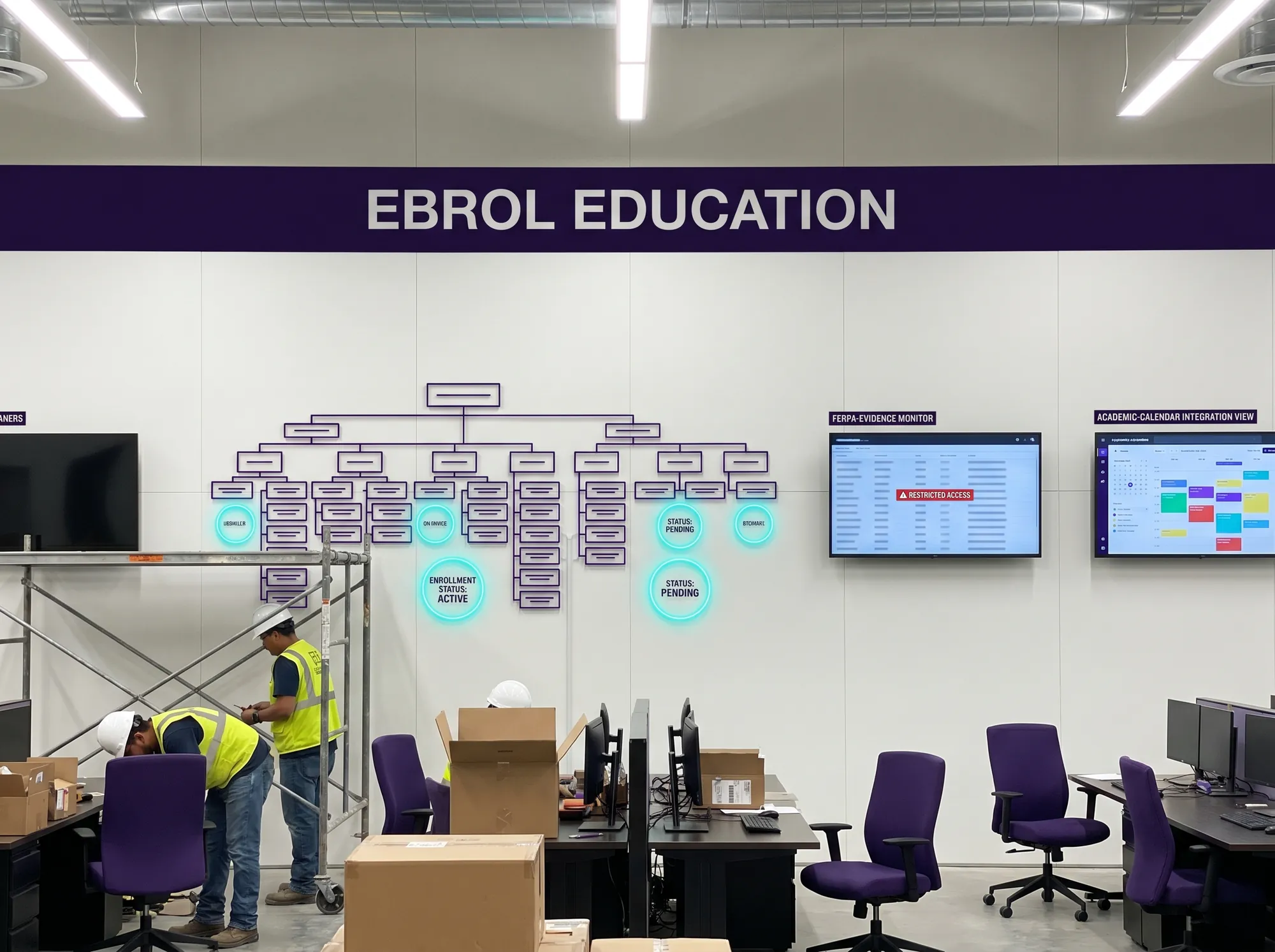 Ebrol Campus Operations Wall (Environmental) — A working campus-IT operations-wall build-out — working multi-role hierarchy display, working FERPA-evidence working monitor, working academic-calendar working integration view, deep violet wordmark band.