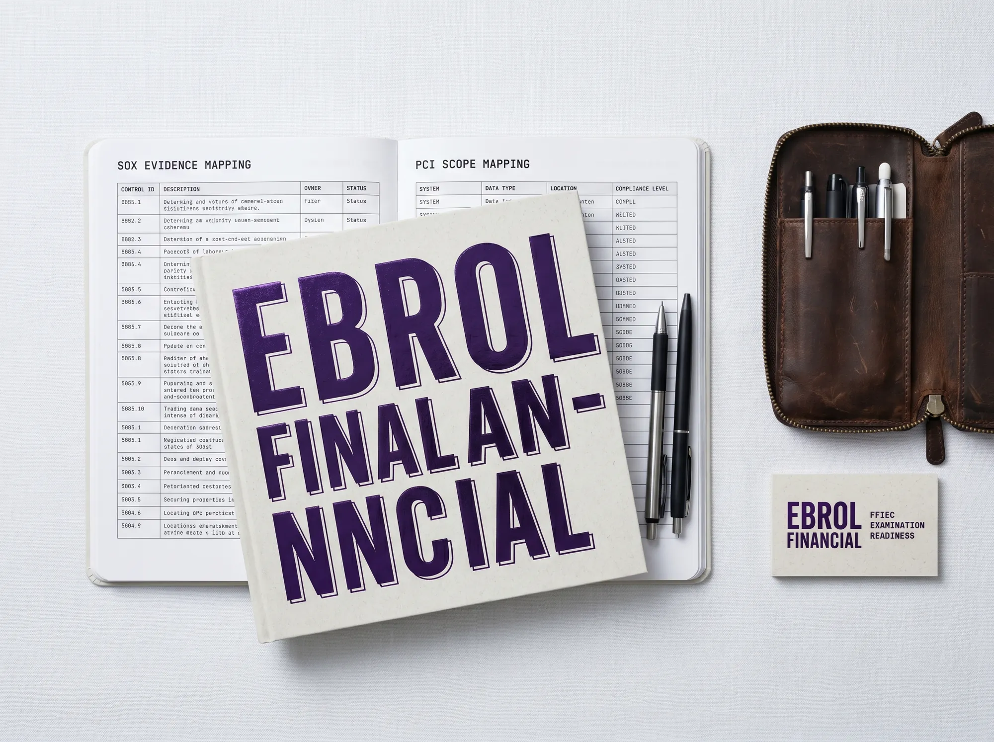 Ebrol Compliance Notebook (Stationery) — A working compliance notebook for working financial-services CISOs and working chief compliance officers — working SOX-evidence-mapping fields, working PCI-scope-mapping fields, working FFIEC-examination-readiness checklist. Cool near-white cover with foil-stamped wordmark.