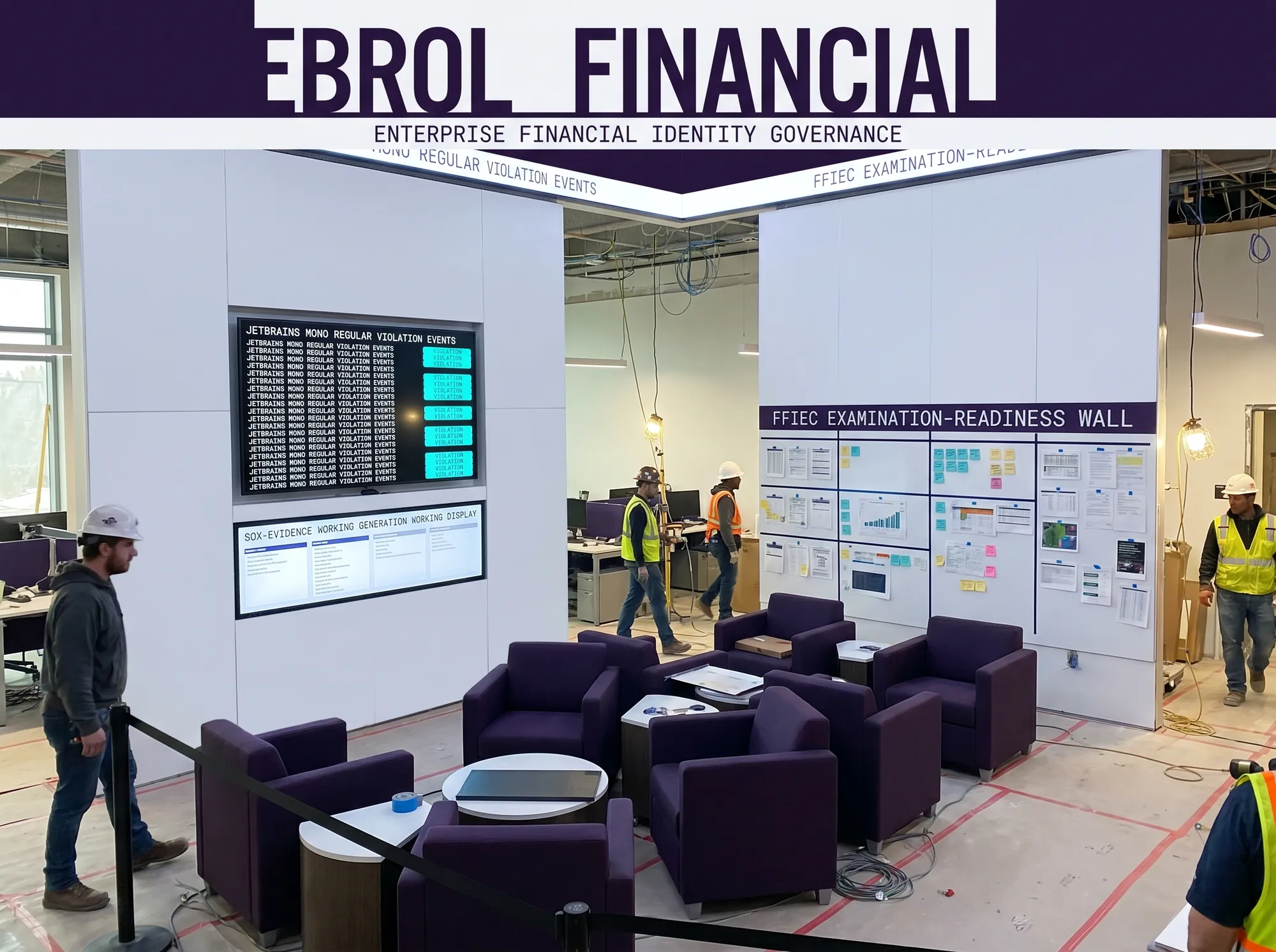 Ebrol Financial Operations Center (Environmental) — A working financial-services operations-center build-out — working SoD-violation working monitor, working SOX-evidence working generation working display, working FFIEC examination-readiness wall, deep violet wordmark band, JetBrains Mono caption strip.