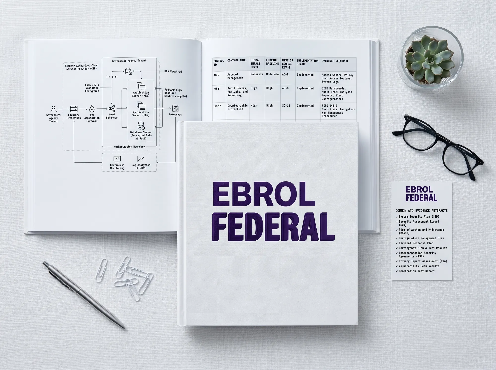 Ebrol Federal Implementation Manual (Print) — A perfect-bound public-sector-deployment manual covering working FedRAMP working deployment, working FISMA control mapping, working CMMC compliance, working agency-specific working integration. Cool near-white cover, foil-stamped wordmark.