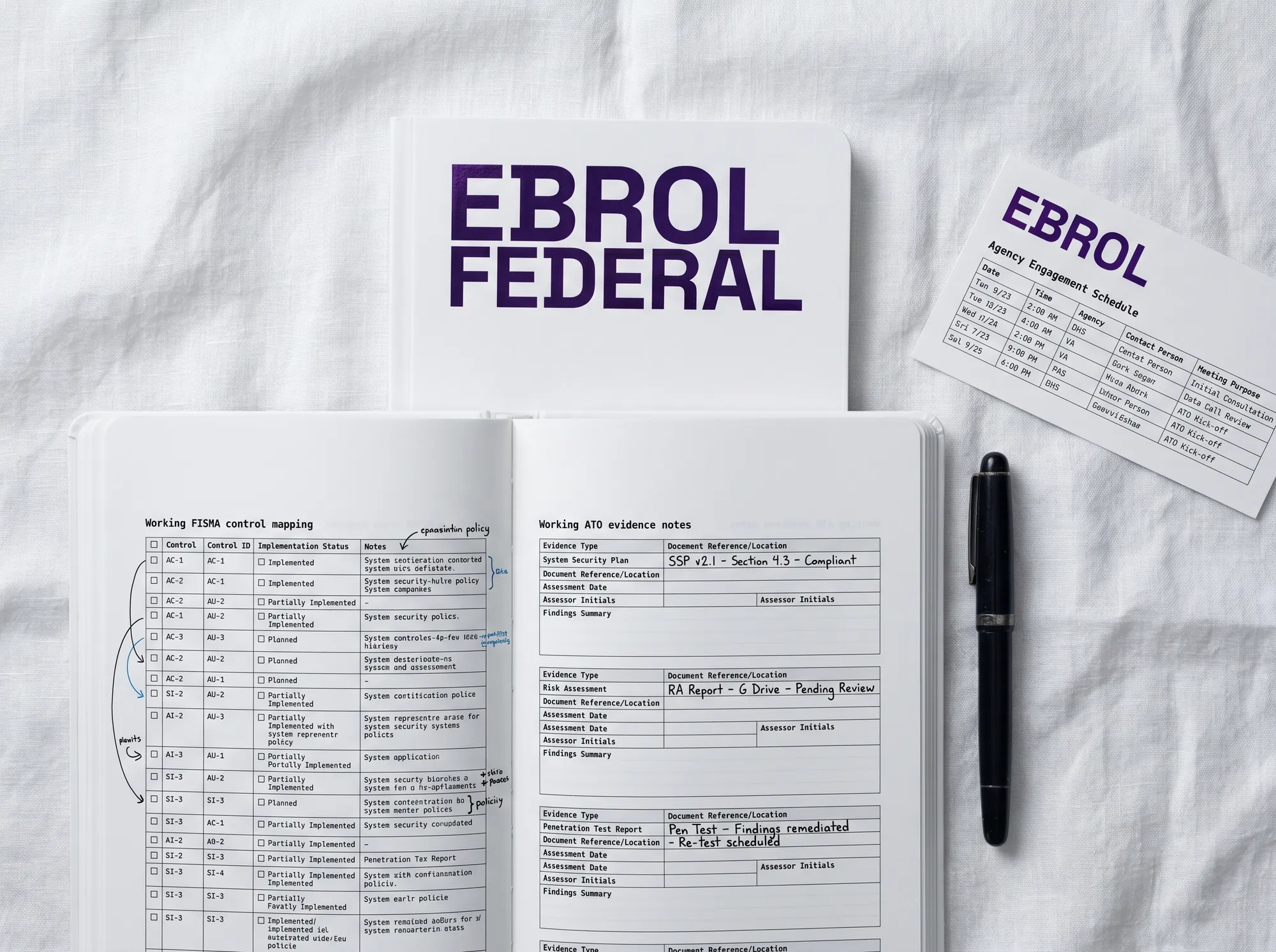 Ebrol Federal Notebook (Stationery) — A working public-sector practitioner notebook — working FISMA-control-mapping fields, working ATO-evidence working note fields, working agency-engagement working schedule. Cool near-white cover with foil-stamped wordmark.