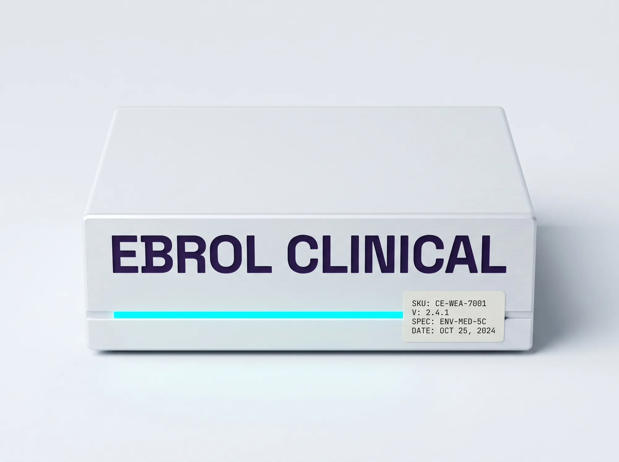 Ebrol Clinical Workstation Module (Hardware) — Working clinical-workstation hardware module — small-footprint policy-evaluation appliance for working clinical-environment deployments where working SaaS evaluation is contractually limited. Cool near-white finish, EBROL stamped in deep violet.