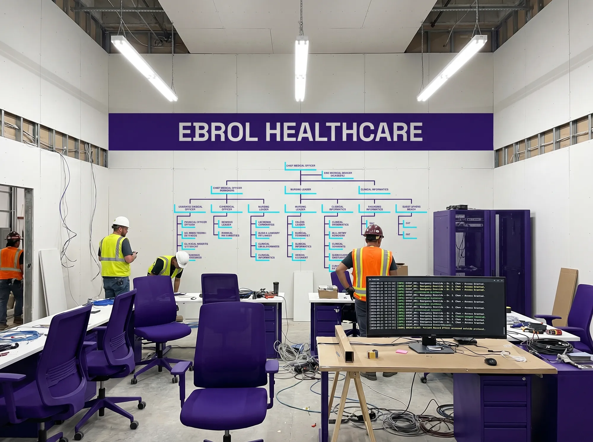 Ebrol Clinical Operations Room (Environmental) — A working healthcare-system operations-room build-out for clinical-IT and clinical-informatics teams — working clinical-role hierarchy display, working break-glass-event monitor, deep violet wordmark band, JetBrains Mono caption strip.
