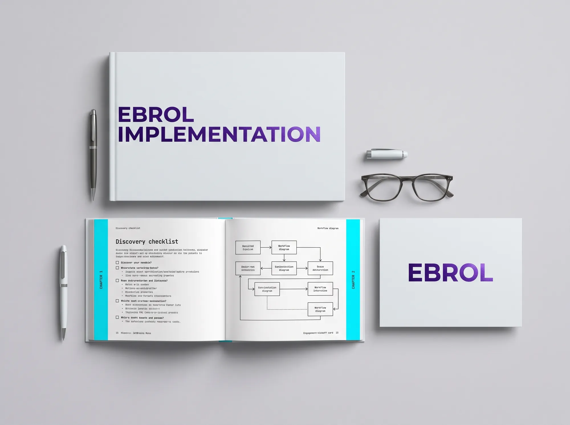 Ebrol Implementation Playbook (Print) — A perfect-bound printed implementation guide for working customer security architects — discovery, role-mining, policy-as-code rollout, audit handoff. Foil-stamped wordmark, JetBrains Mono body type.