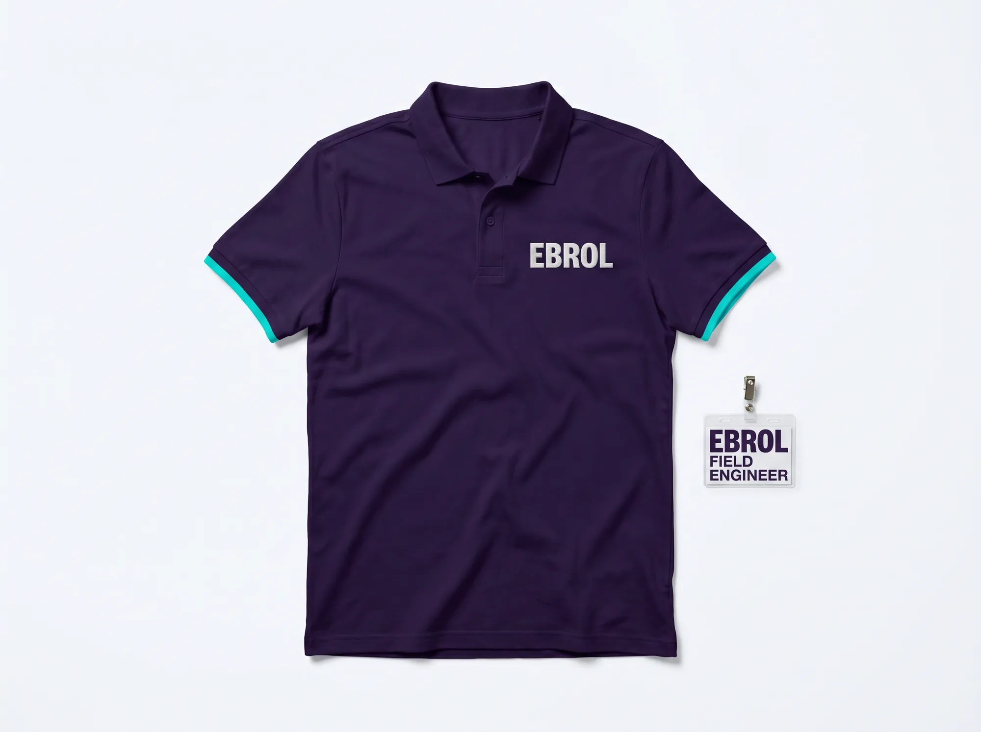 Ebrol Field Engineer Polo (Apparel) — A cotton-pique polo for Ebrol field engineers and customer-success engineers in deep violet (#2A1240) with the EBROL wordmark embroidered in cool near-white (#FAFAFB) Space Grotesk bold caps above the heart, electric cyan (#00E5C5) accent stripe at the cuff.