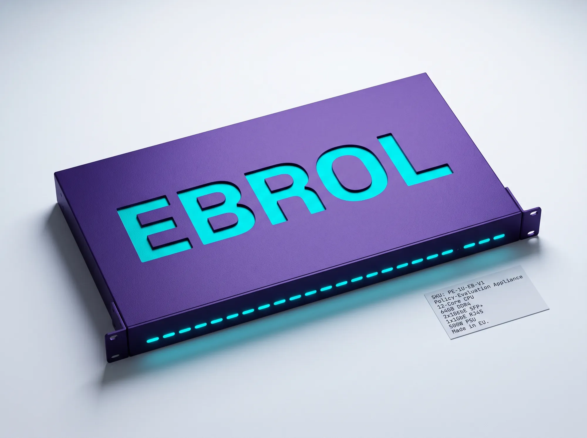 Ebrol Policy Evaluation Server (Hardware) — Working customer-deployable policy-evaluation server hardware — 1U rackmount appliance for working customer environments where working SaaS evaluation is not permitted. Deep violet finish, EBROL stamped on the bezel in electric cyan.