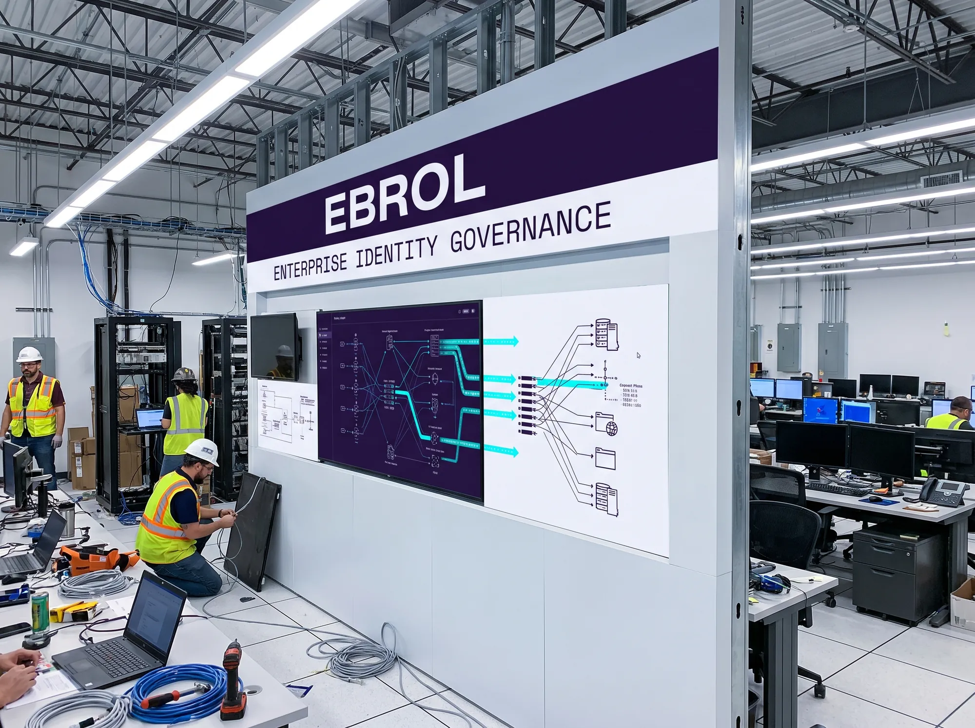 Ebrol Operations Center Build-Out (Environmental) — A working customer-side operations-center wall build-out for security-operations centers running Ebrol — wall-mounted policy-graph display, deep violet wordmark band, JetBrains Mono caption strip. Designed for SOC and IGA war-room contexts.