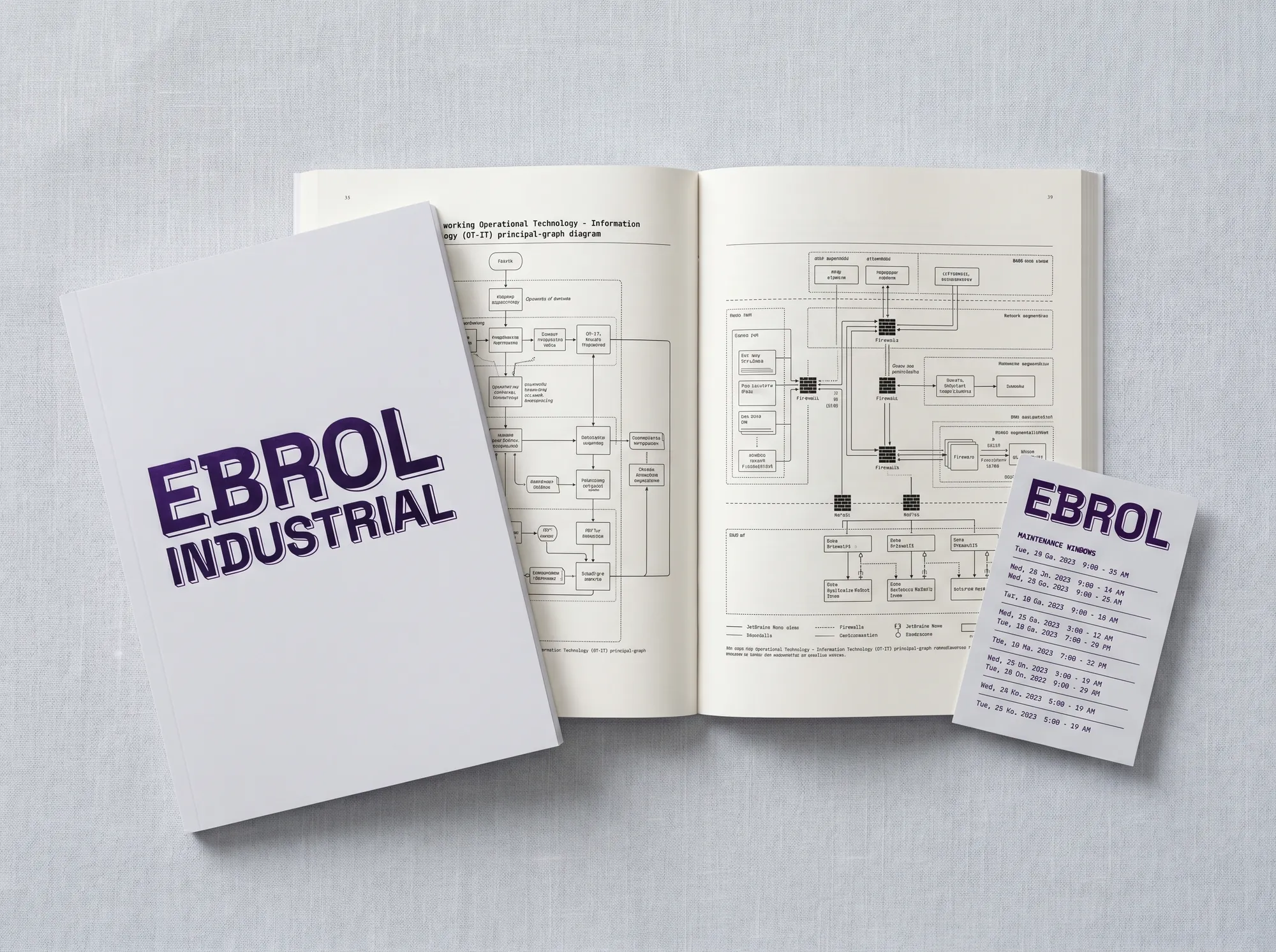 Ebrol Industrial Compliance Manual (Print) — A perfect-bound industrial-deployment manual — working OT-IT principal modeling, working NERC-CIP-evidence working design, working network-segmentation working integration. Cool near-white cover, foil-stamped wordmark.