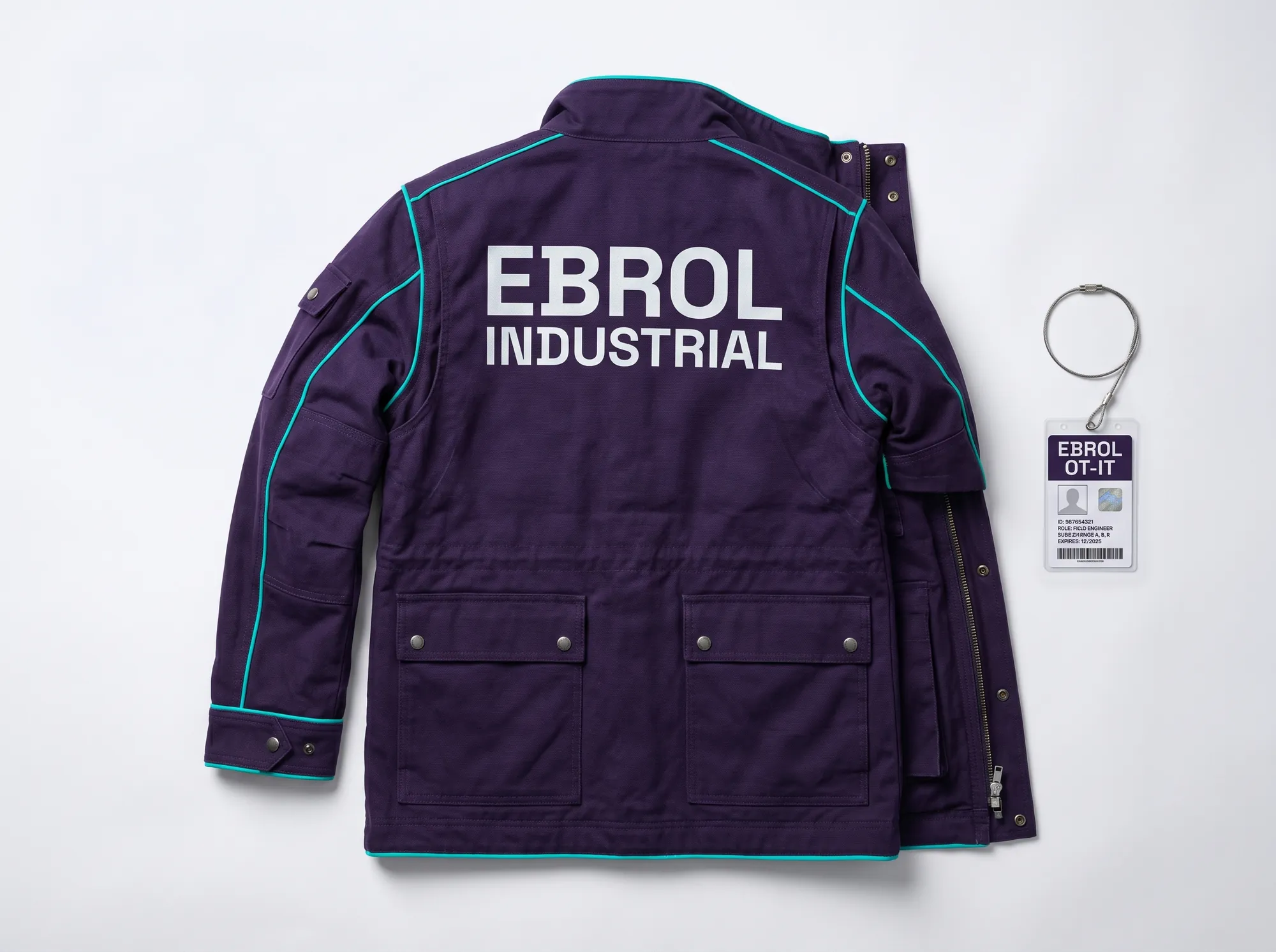 Ebrol Industrial Field Coat (Apparel) — A working industrial-environment-rated field coat — deep violet (#2A1240) heavy canvas with EBROL INDUSTRIAL printed in cool near-white (#FAFAFB) Space Grotesk bold caps on the back, electric cyan (#00E5C5) high-visibility piping. Worn during plant-side deployment visits.