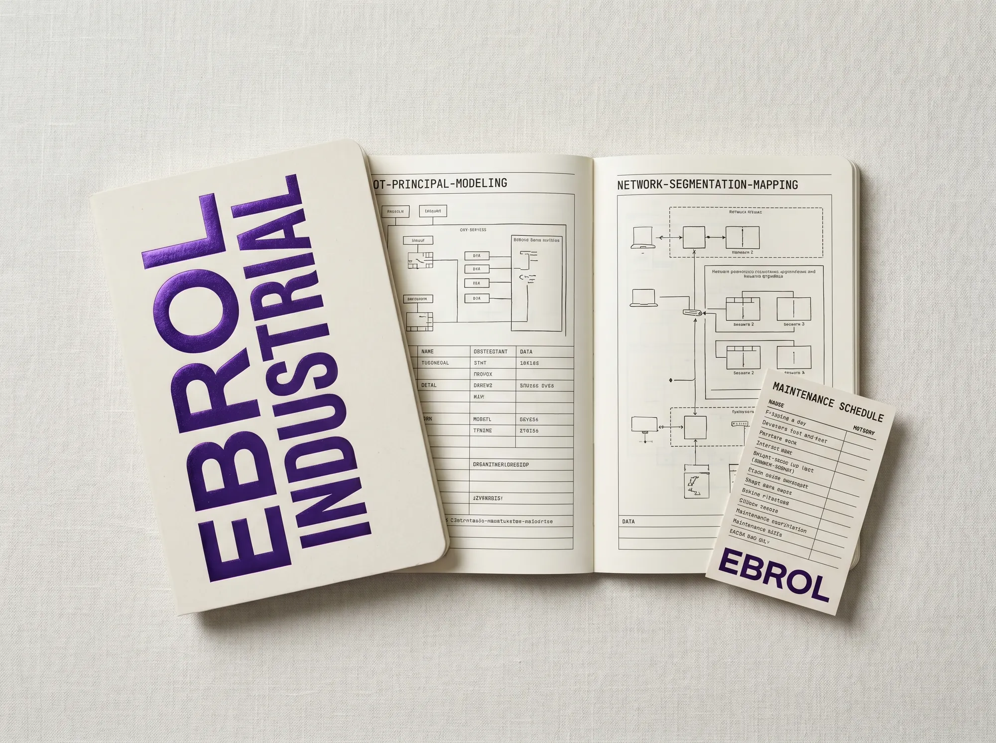 Ebrol Industrial Field Notebook (Stationery) — A working ruggedized field-engineer notebook — working OT-principal-modeling fields, working network-segmentation-mapping fields, working maintenance-window-schedule fields. Industrial-rated cover with foil-stamped wordmark.