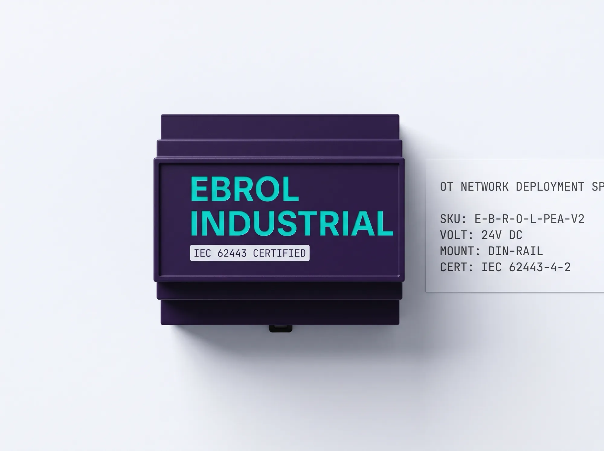 Ebrol Industrial Edge Appliance (Hardware) — Working OT-network-deployable policy-evaluation appliance — working DIN-rail-mount, working industrial-temperature-rated, working IEC 62443-compliant, working customer-OT-IT-managed. Deep violet ruggedized housing.