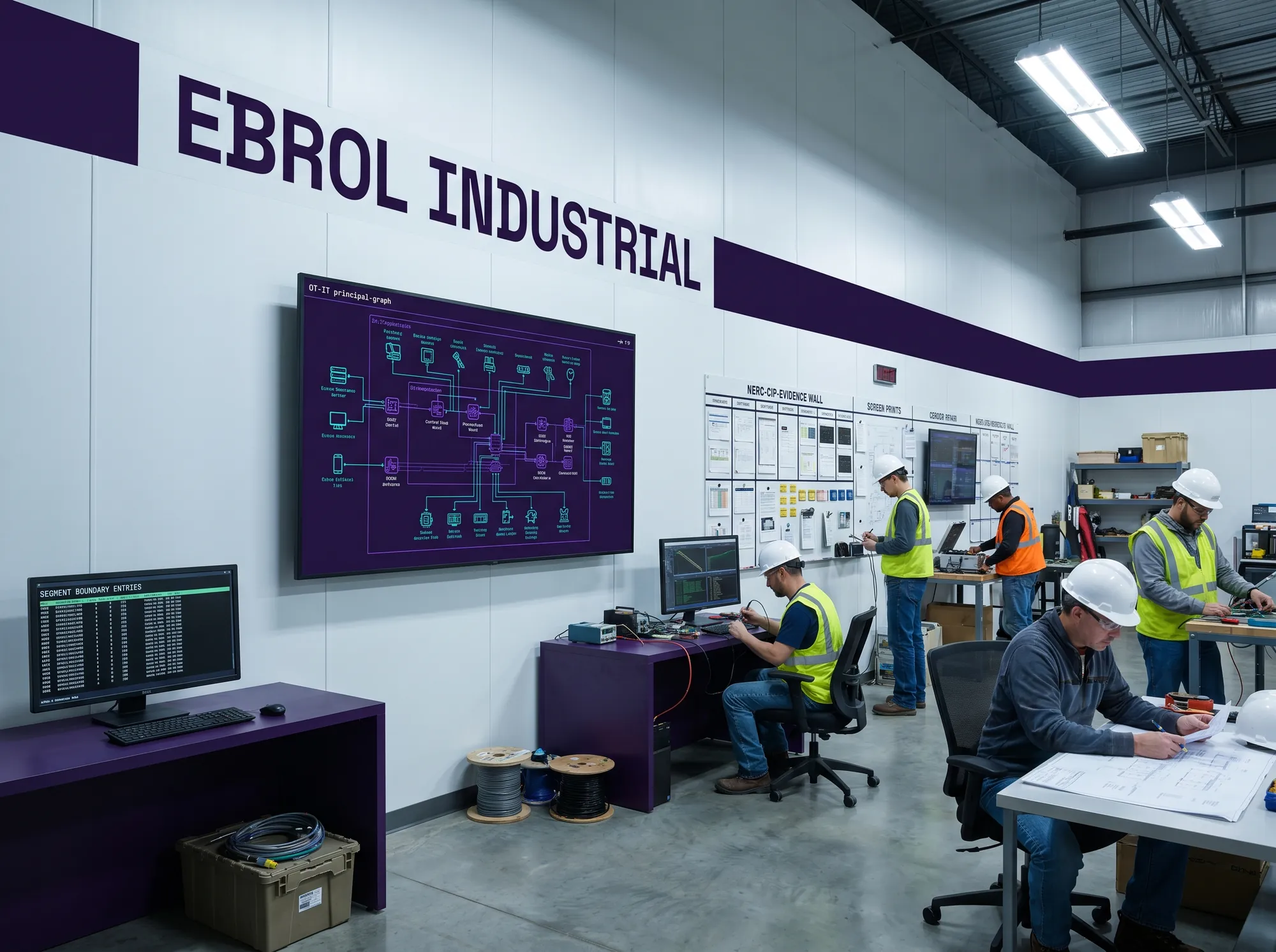 Ebrol Industrial Operations Center (Environmental) — A working industrial-operations-center build-out — working OT-IT principal-graph display, working network-segmentation working monitor, working NERC-CIP-evidence working wall, deep violet wordmark band, JetBrains Mono caption strip.