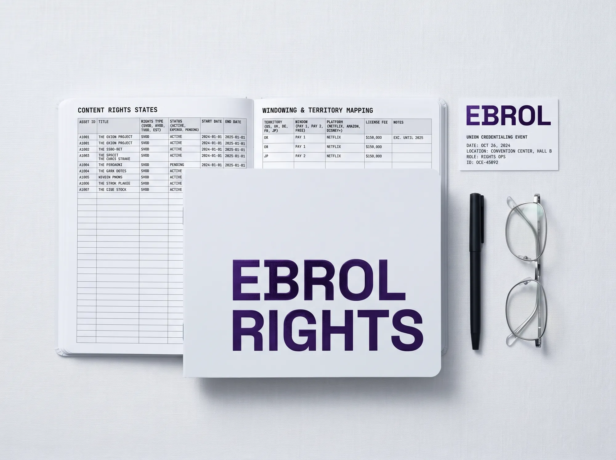 Ebrol Rights-Operations Notebook (Stationery) — A working rights-operations-side notebook — working content-rights-state fields, working windowing-and-territory-mapping fields, working union-credentialing-event fields. Cool near-white cover with foil-stamped wordmark.