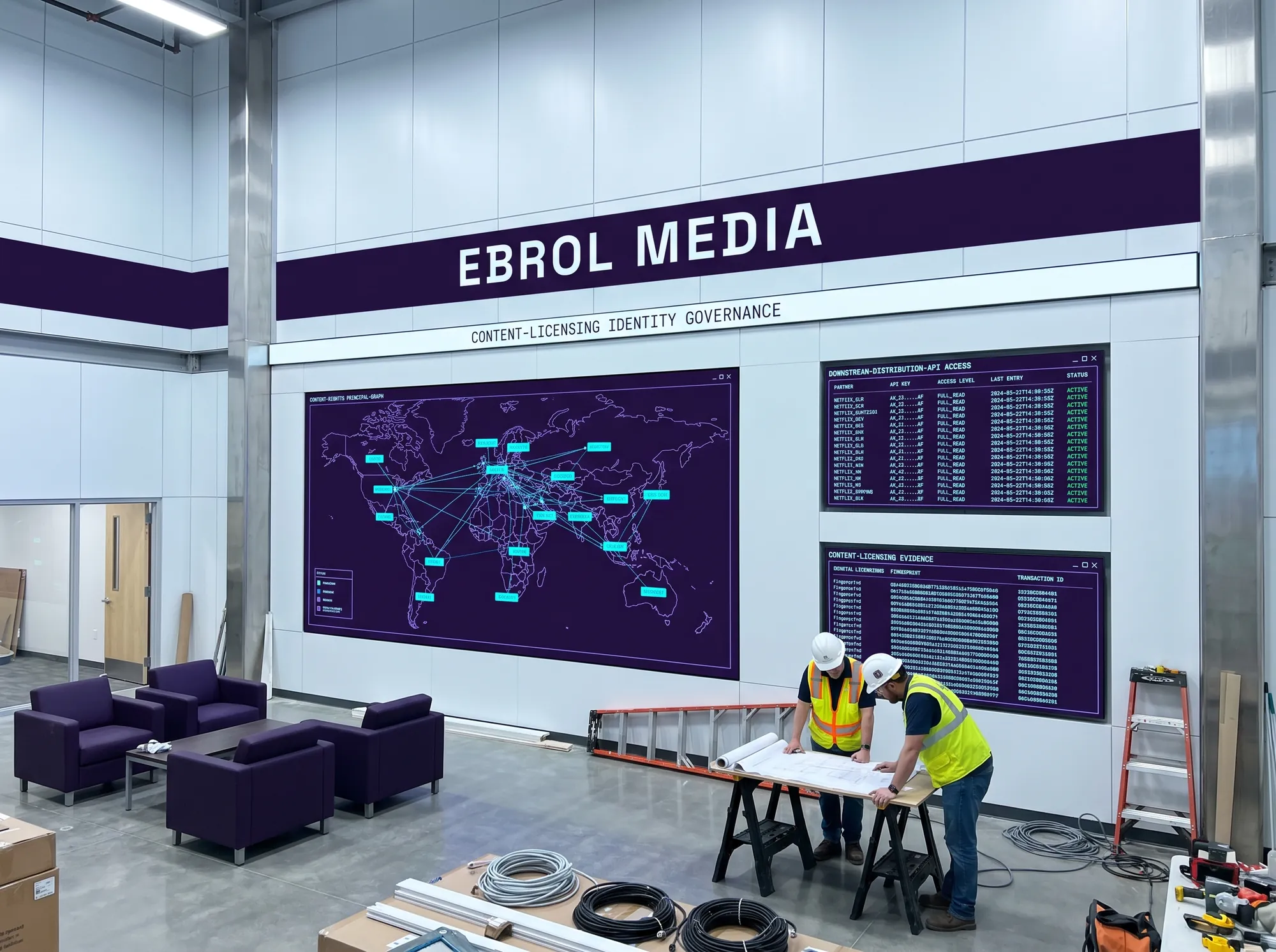 Ebrol Media Operations Center (Environmental) — A working media-operations-center build-out — working content-rights principal-graph display, working windowing-and-territory monitor, working downstream-distribution-API access wall, deep violet wordmark band, JetBrains Mono caption strip.