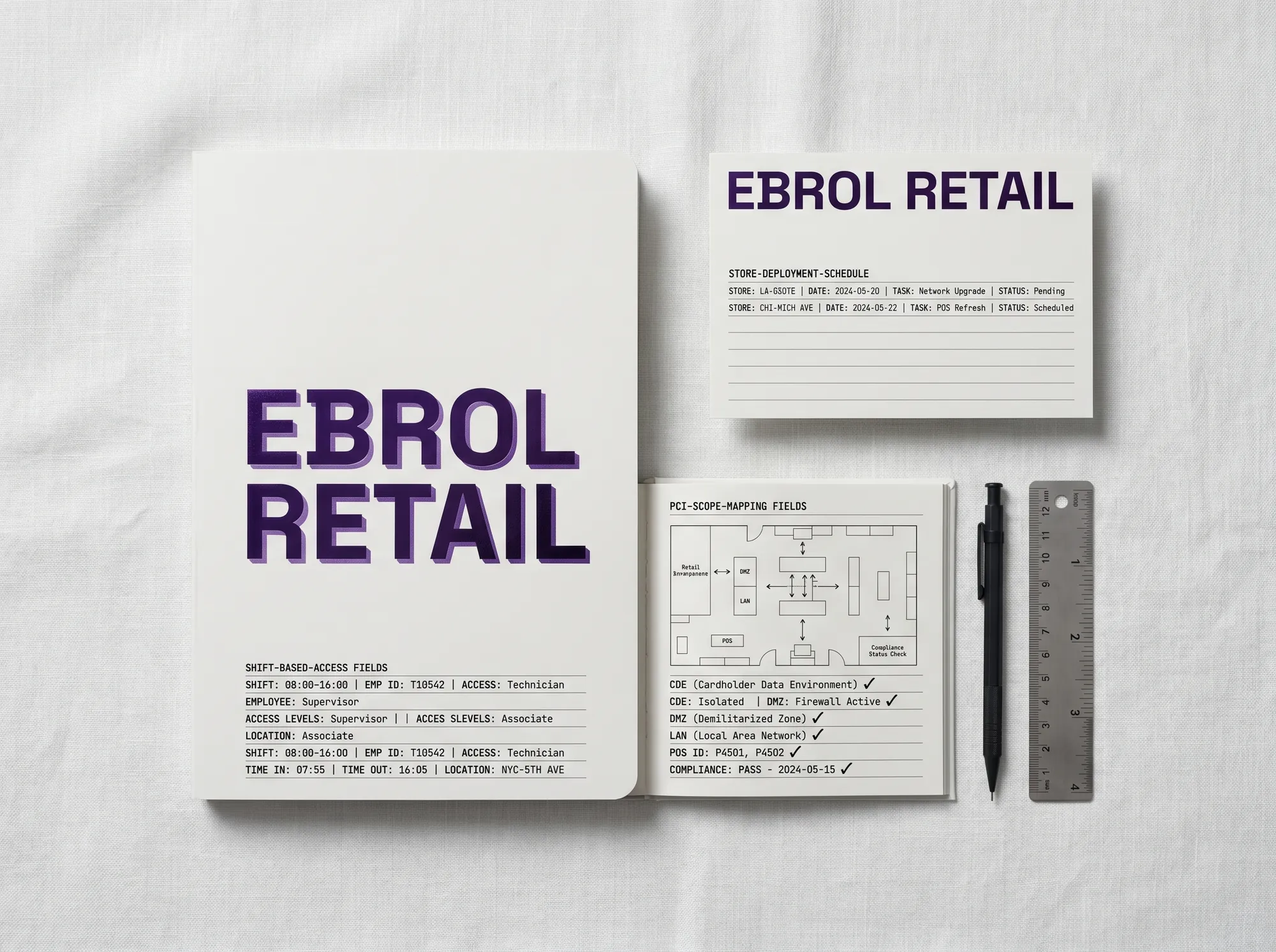 Ebrol Retail Deployment Notebook (Stationery) — A working retail-deployment field-engineer notebook — working shift-based-access fields, working PCI-scope-mapping fields, working store-deployment-schedule fields. Cool near-white cover with foil-stamped wordmark.