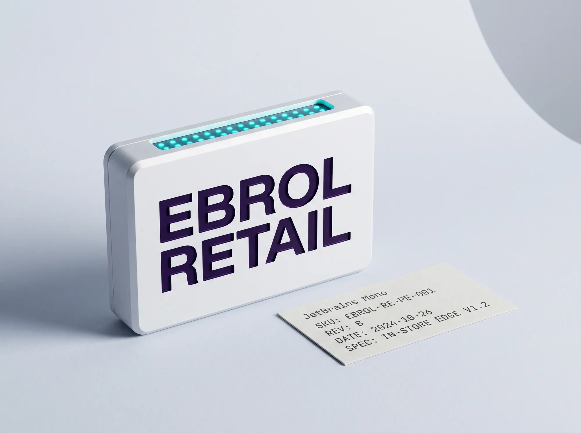 Ebrol Retail Edge Module (Hardware) — Working retail-edge policy-evaluation module — small-form-factor appliance for working in-store deployment, working sub-second policy-evaluation latency, working working customer-IT-managed. Cool near-white finish.