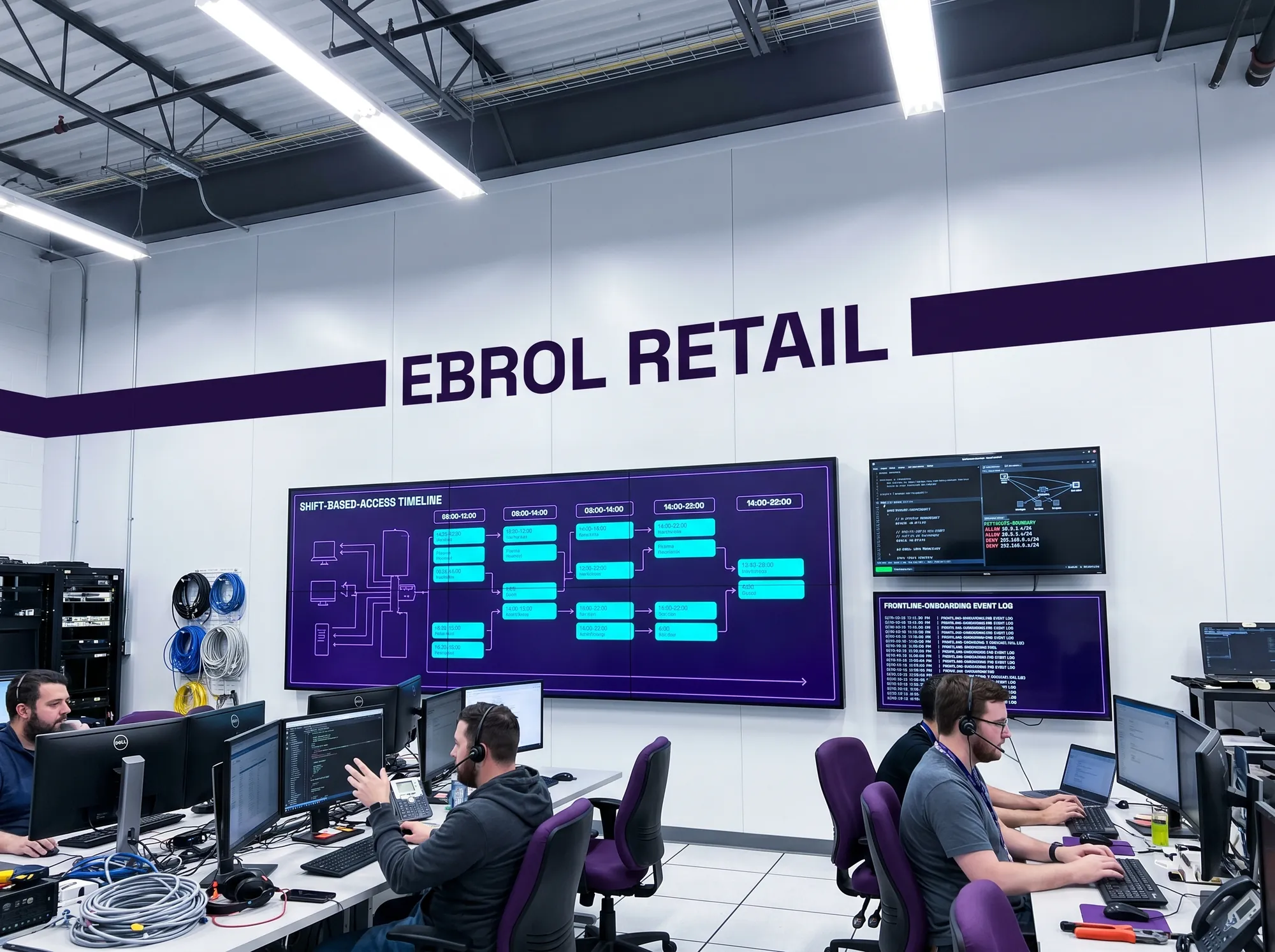 Ebrol Retail Operations Wall (Environmental) — A working chain-IT operations-wall build-out — working shift-based-access timeline display, working PCI-scope-boundary monitor, working frontline-onboarding event log, deep violet wordmark band.