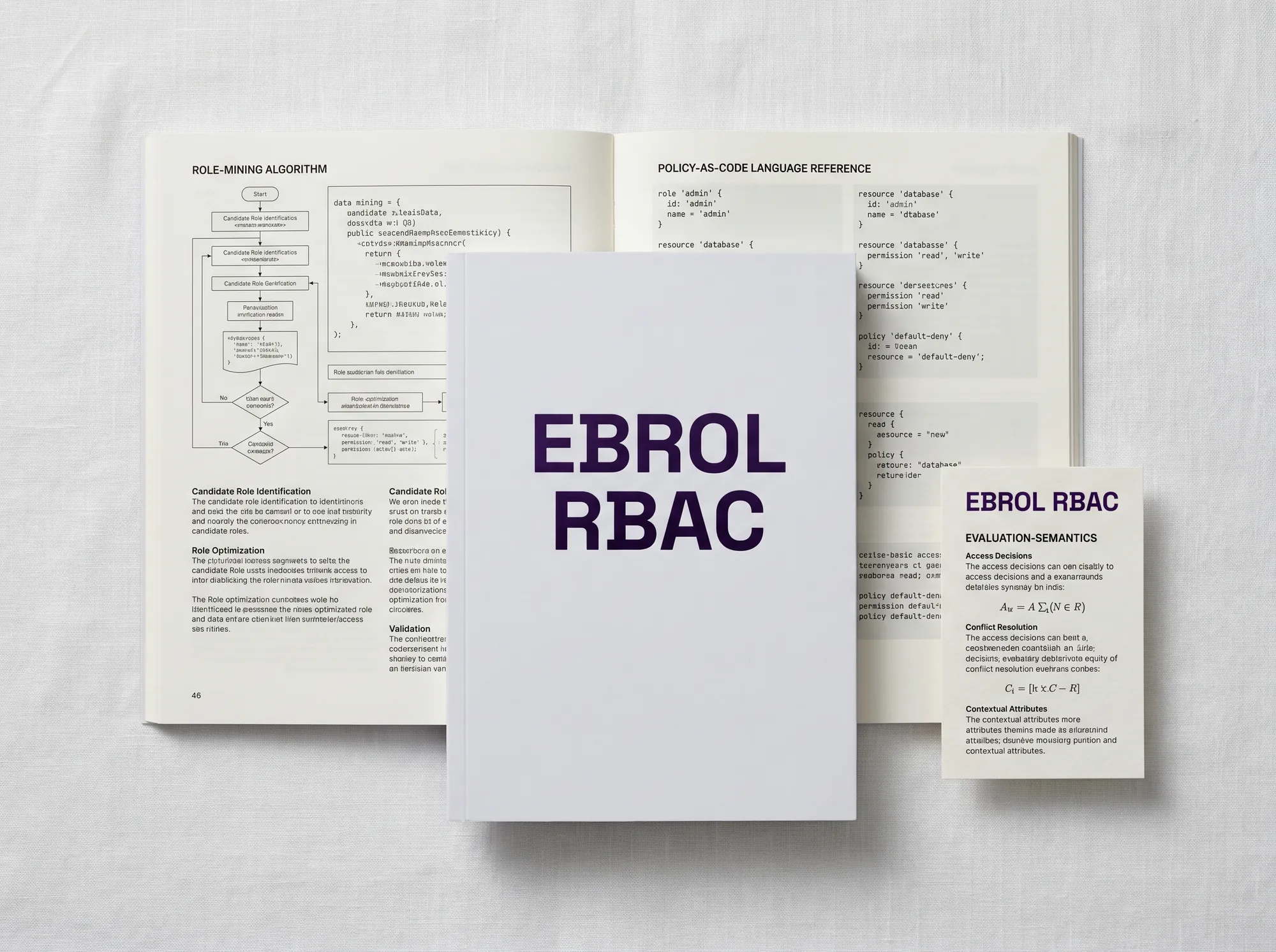 Ebrol RBAC Reference Manual (Print) — A perfect-bound working reference manual covering Ebrol's working RBAC model, working policy-as-code language, working evaluation semantics. Cool near-white cover with EBROL RBAC foil-stamped in deep violet.