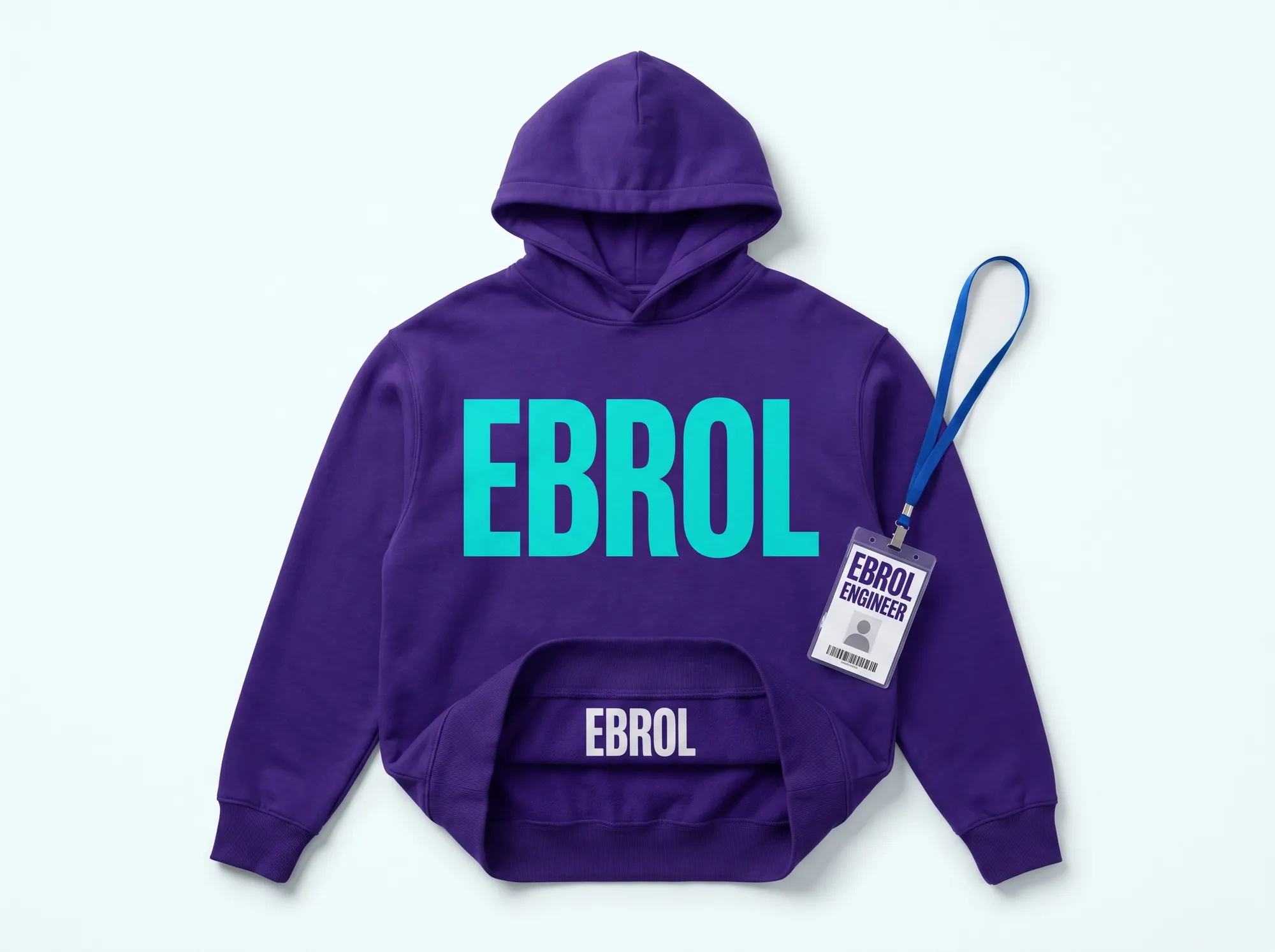 Ebrol Engineer Hoodie (Apparel) — A heavyweight cotton hoodie in deep violet (#2A1240) with the EBROL wordmark printed in electric cyan (#00E5C5) Space Grotesk bold caps across the chest. Issued to engineering attendees at working conferences and working customer hackathons.