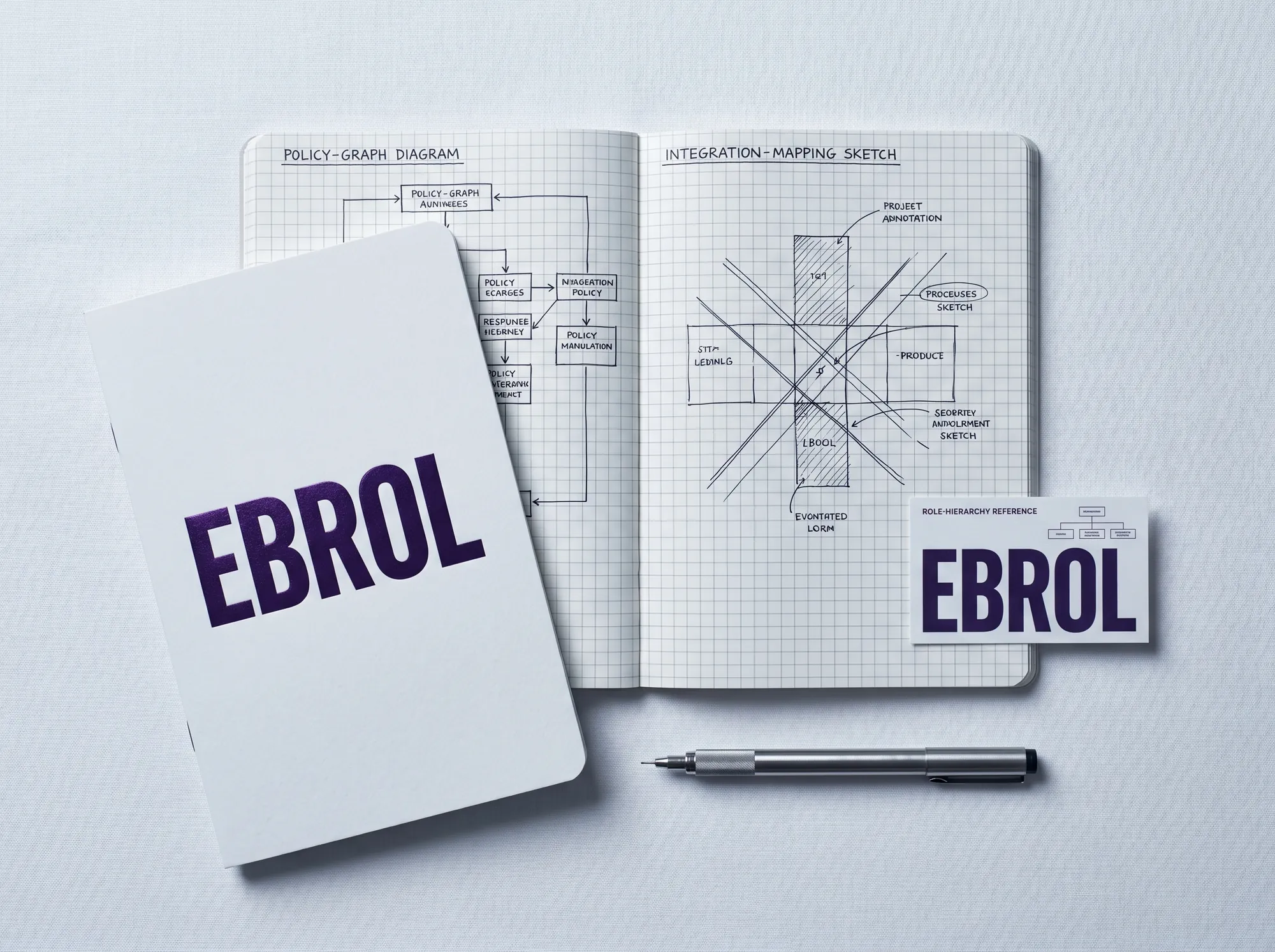 Ebrol Architecture Notebook (Stationery) — A grid-paper architecture notebook for working IAM platform engineers — working policy-graph diagramming, working role-hierarchy sketching, working integration-mapping. Cool near-white cover with foil-stamped wordmark.