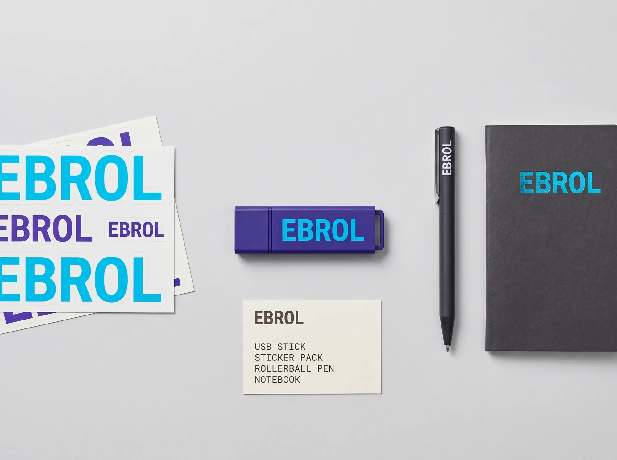 Ebrol Working Conference Kit (Hardware) — A working hardware-and-stickers conference kit for working customer engineering teams — working USB stick with SDK examples, working laptop sticker pack, working rollerball pen, working compact notebook. Distributed at conferences.
