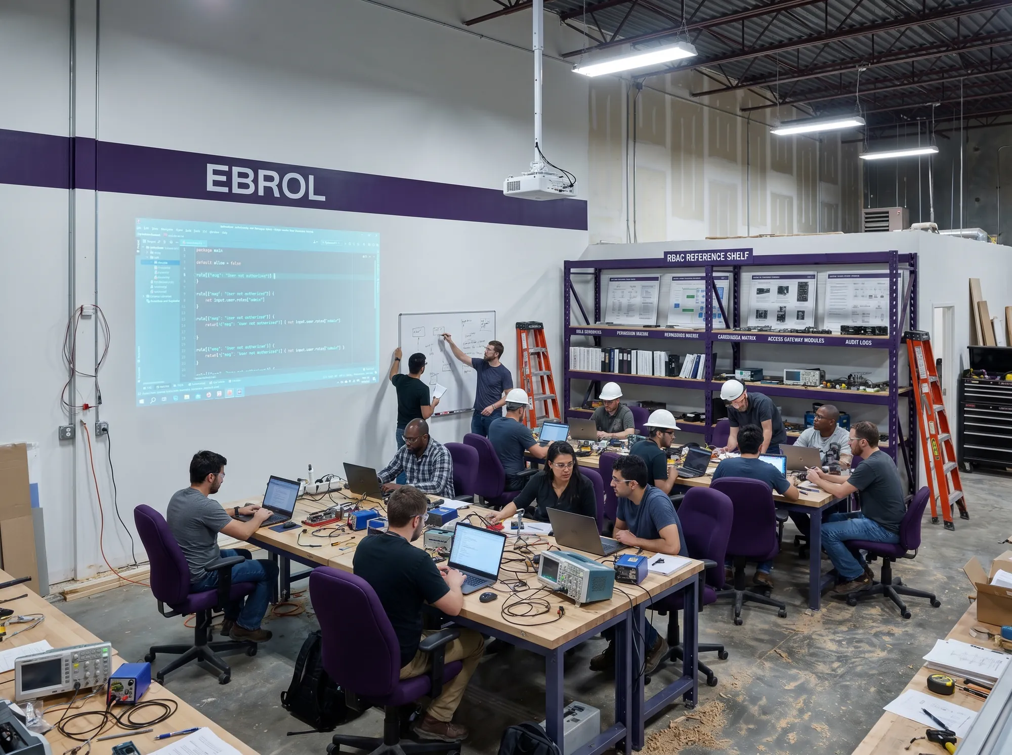 Ebrol Engineering Workshop Room (Environmental) — A working engineering-workshop-room build-out at customer sites — working policy-as-code training environment, working IDE-projected screen, working RBAC reference shelf, deep violet wordmark band. For working multi-day customer hackathons.